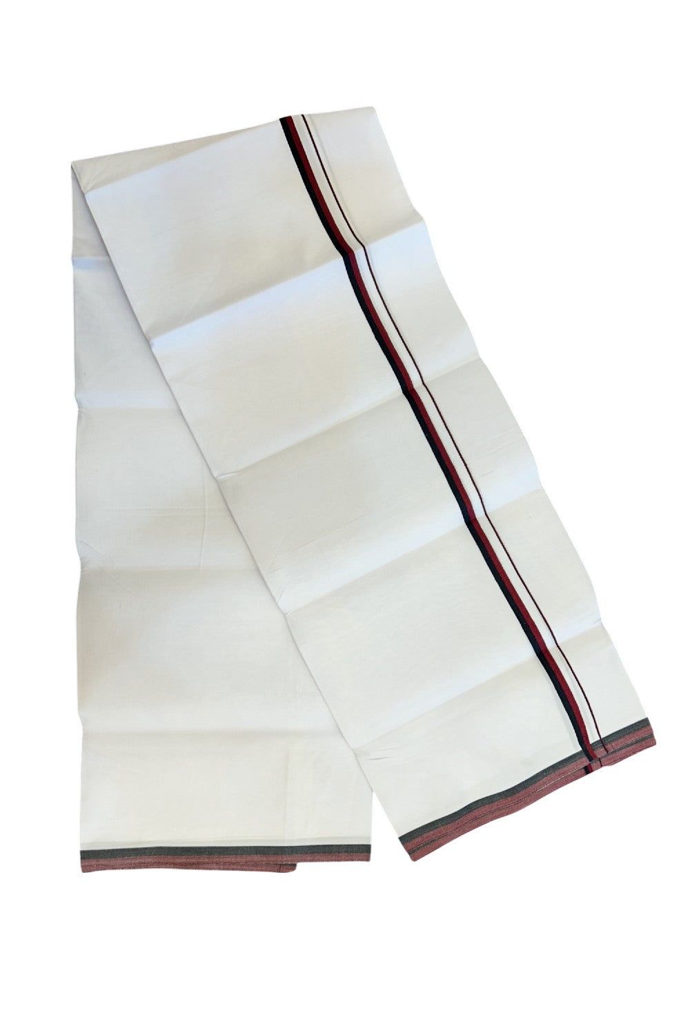 DMK Veshti - 20% Discount !! KaithariKada Balaramapuram PURE WHITE SINGLE Mundu/Dhoti - 100X100 - 0.5 inch Maroon & Black Kara (2 meter / 4 muzham) - 11KK5224 ASH