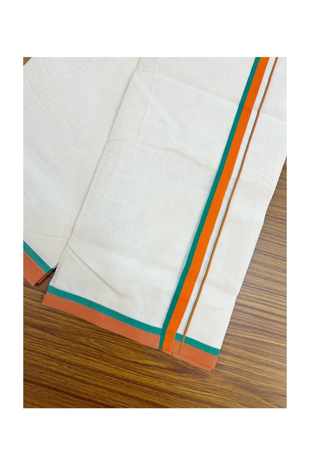 BJP VESHTI - 20% DISCOUNT! KaithariKada 100% Cotton off white Double - (Unbleached) Mundu/Dhoti - 100X80 - 0.75 inch Orange & Green Kara - 3.80 mtr ( 8 muzham)- 11KK5228 ASH