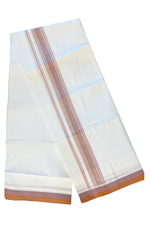 21% DISCOUNT!! Kaitharikada Balaramapuram 100% Cotton PURE WHITE Double Mundu/Dothi- 100x80 - 2.5 Inch BROWN & PINK STRIPED Cotton Kara - 12KK63VAS