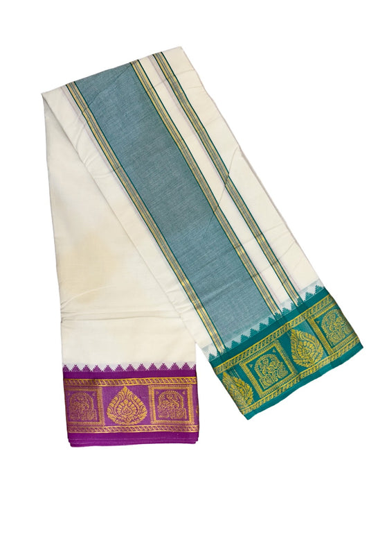 21% DISCOUNT! KaithariKada  Off White - 80% Cotton & 20% Polyester -80x80 thread - NORTH INDIAN ATTACHED GAMCHA - 9X5 Dhoti & 6.25 inch Green shaded kara with GREEN & PURPLE border - 12KK77PMC