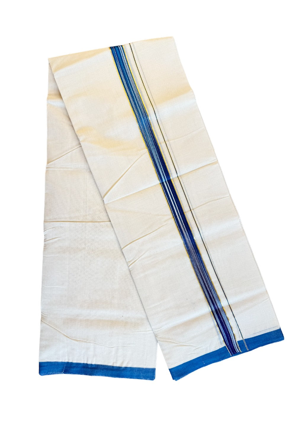30% DISCOUNT!! KaithariKada HANDLOOM Unakkupaavu Balaramapuram - 100% PURE Cotton OFF White (Unbleached) Double Mundu/Dothi - BLUE + VIOLET Kasavu Striped 1 inch Kara - KK46SOM - 12.