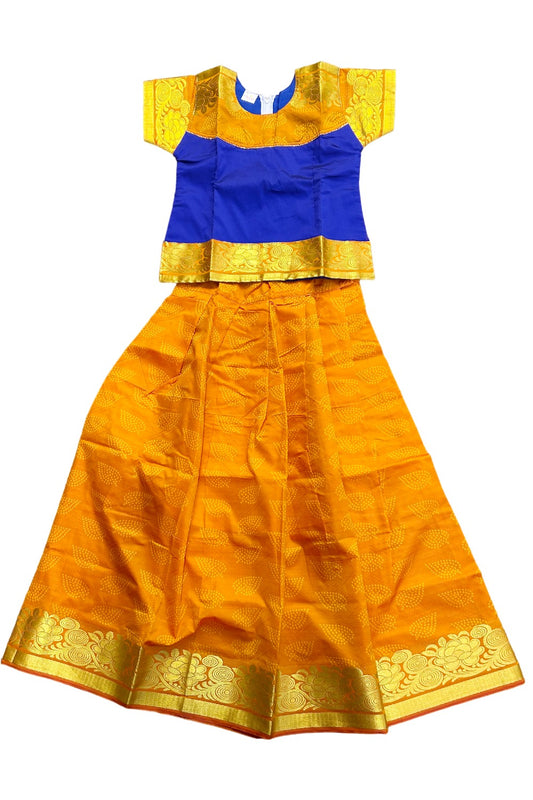 Midukki-Traditional South Indian Kids Pattu Pavada- Blue top orange skirt with emboss work- Age 11 - KK11MID0012