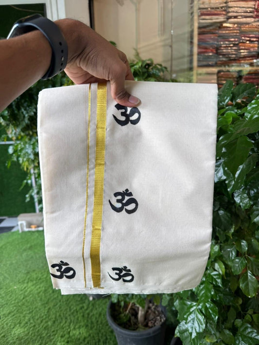KaithariKada Balaramapuram 100% Cotton Double Off white - (Unbleached) Mundu/Dhoti-100x80 - 0.5 inch Hand Painted Gold Kasav & Black Ohm Design Kara 3.75 mtr (8 muzham) - 14 KK5244 ASH