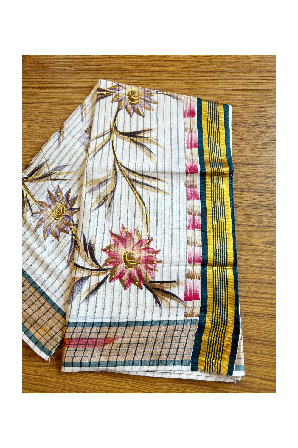 29% Discount!! Kaitharikada Kerala Cotton 2.75 inch Kasavu Green Stripes & Hand Painted Peacock Design Saree - 12KK1003HAR