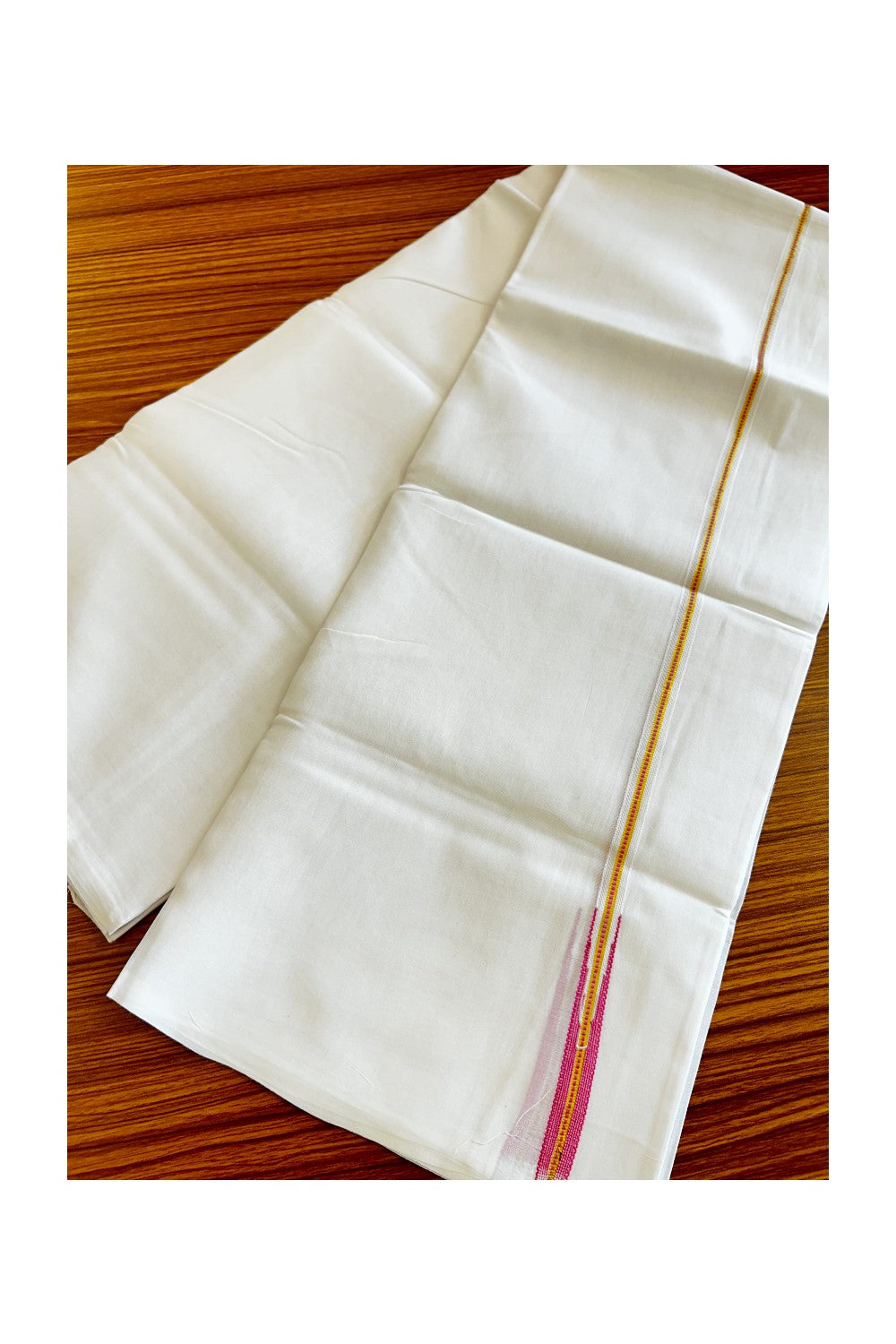 23% DISCOUNT!! KaithariKada Balaramapuram 100% Cotton PURE WHITE Double Mundu/Dhoti-100x100  1.cm Puliyilakkara  MUTHUKKURI  PINK  AND KASAVU Chutty Pattern KARA.