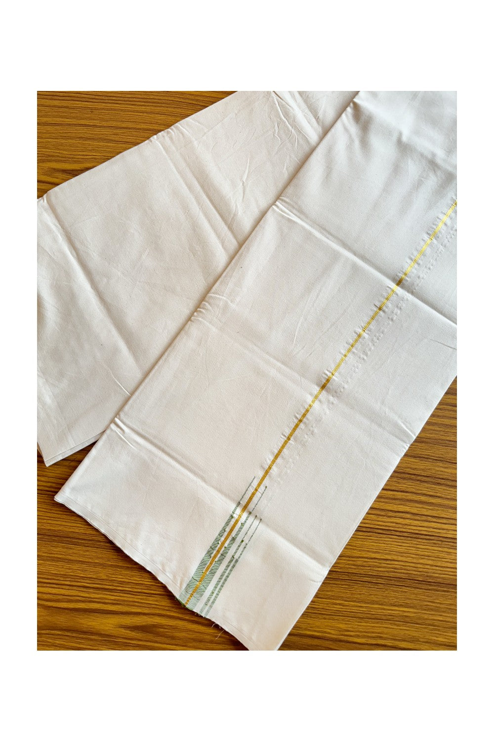 28% DISCOUNT ! KaithariKada Balaramapuram 100%  COTTON SINGLE OFF WHITE - (Unbleached) Mundu/Dhoti-100X100-  0.25 cm double Light Green Chutty (2 meter / 4 muzham) - 12KK400ASH