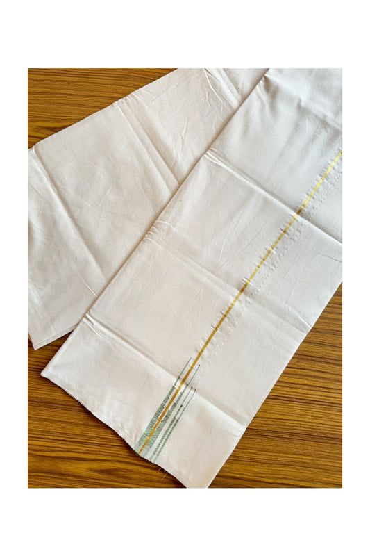 28% DISCOUNT ! KaithariKada Balaramapuram 100%  COTTON SINGLE OFF WHITE - (Unbleached) Mundu/Dhoti-100X100-  0.25 cm double Light Green Chutty (2 meter / 4 muzham) - 12KK400ASH