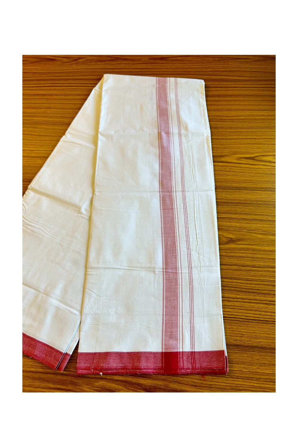 Ultimate HANDLOOM-19% Discount! - Kaitharikada Kalamachal-Government Sealed HALLMARKED-100% PURE COTTON! (80x80) Twisted Thread- Light WHITE SINGLE Mundu / Dhoti - 2 inch Red Striped Kara - 12KK478KAL