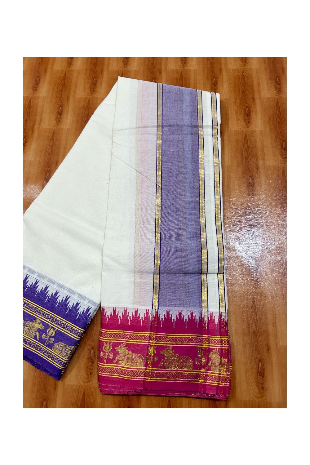 36% DISCOUNT! KaithariKada Cotton Mix  Off White  - (Unbleached) - 80x80 thread -  80% Cotton & 20% Polyester - NORTH INDIAN -  ATTACHED GAMCHA 9X5 Dhoti 5 inch Violet kara with Pink & Violet Kasavu border  - 12KK5005PMC
