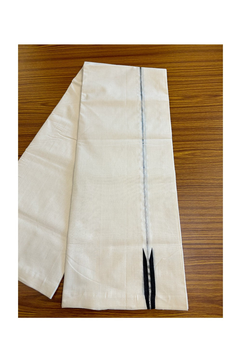 30% DISCOUNT!! KaithariKada HANDLOOM Unakkupaav  Balaramapuram - 100% PURE Cotton OFF White Double - (Unbleached) Mundu/Dothi - 2.15 cm Black & silver Puliyilakkara chutty -  12KK5029RAM