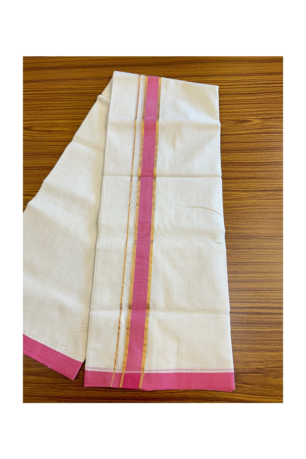 30% Discount KaithariKada HANDLOOM Unakkupaav Balaramapuram - 100% PURE Cotton Off White (Unbleached) Double Mundu/Dhoti -  2 inch Kasavu & Rose Pink-208