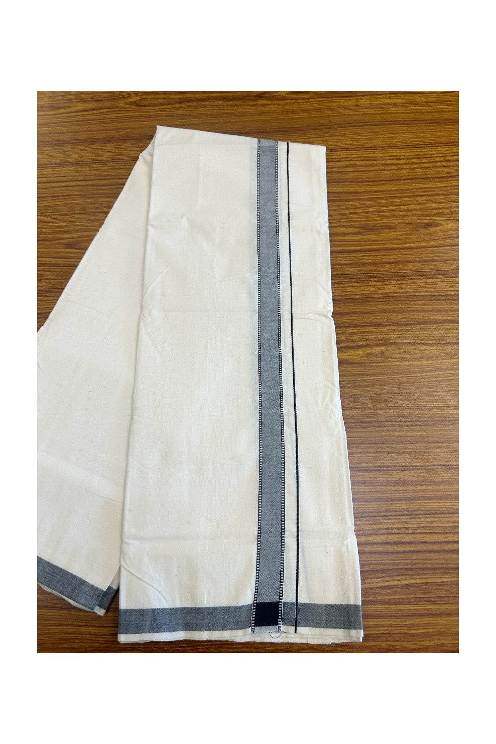 30% Discount!! KaithariKada 100% Cotton Balaramapuram HANDLOOM Off white (Unbleached) Single Mundu/Dhoti -  1.75inch (2 meter / 4 muzham) Off White 1inch Black Kara - Onam Collection - 5