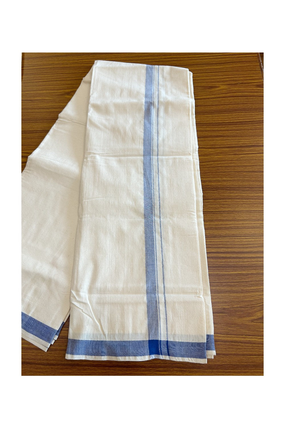 25% Discount ! KaithariKada 100% Cotton Balaramapuram HANDLOOM Single Mundu/Dhoti - Off White - (Unbleached) 1.25 inch Blue Kara (2 meter / 4 muzham)- 12KK5065KK