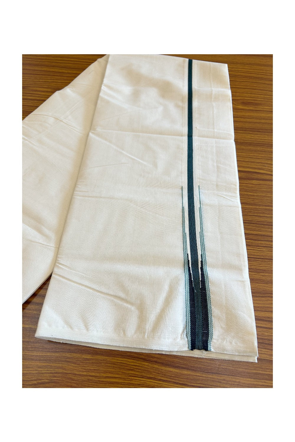 SHORT DHOTI SPECIAL! Kaitharikada.com - 19% Discount! Balaramapuram Double Off white - (Unbleached) Mundu/Dhoti - 100X100 - 1 inch Kara & 45 inches Height  Puliyilakkara Teal green & Black Striped Chutty Kara - 11KK5120ASH