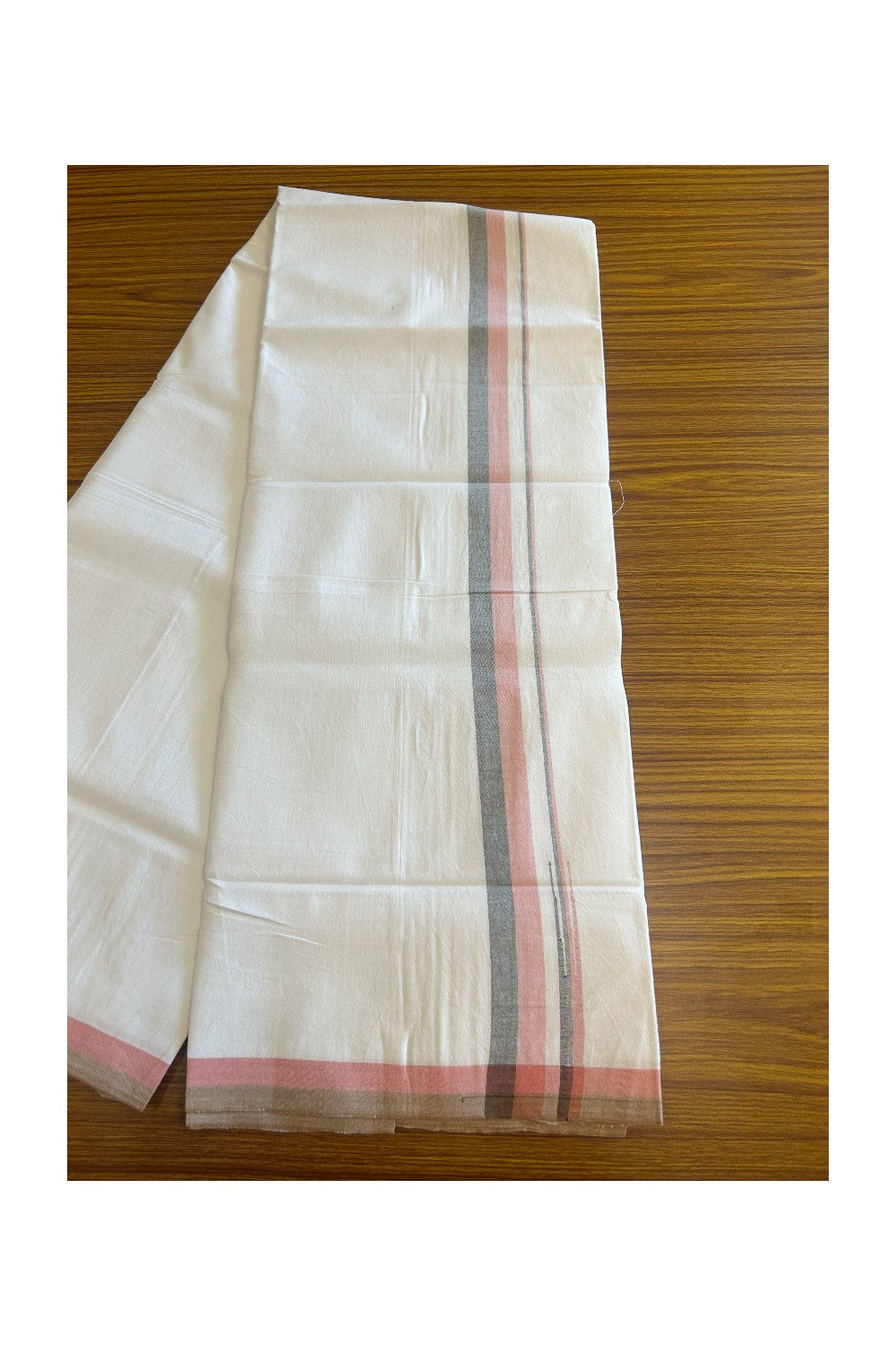 SIGNATURE KAITHARIKADA EXCLUSIVE SINGLE DHOTI - 100% Cotton Balaramapuram HANDLOOM Single Mundu/Dhoti - PURE WHITE - 1 inch Peach & Black Chutty Kara (2 meters /4 muzham) - 10KK5127ASH