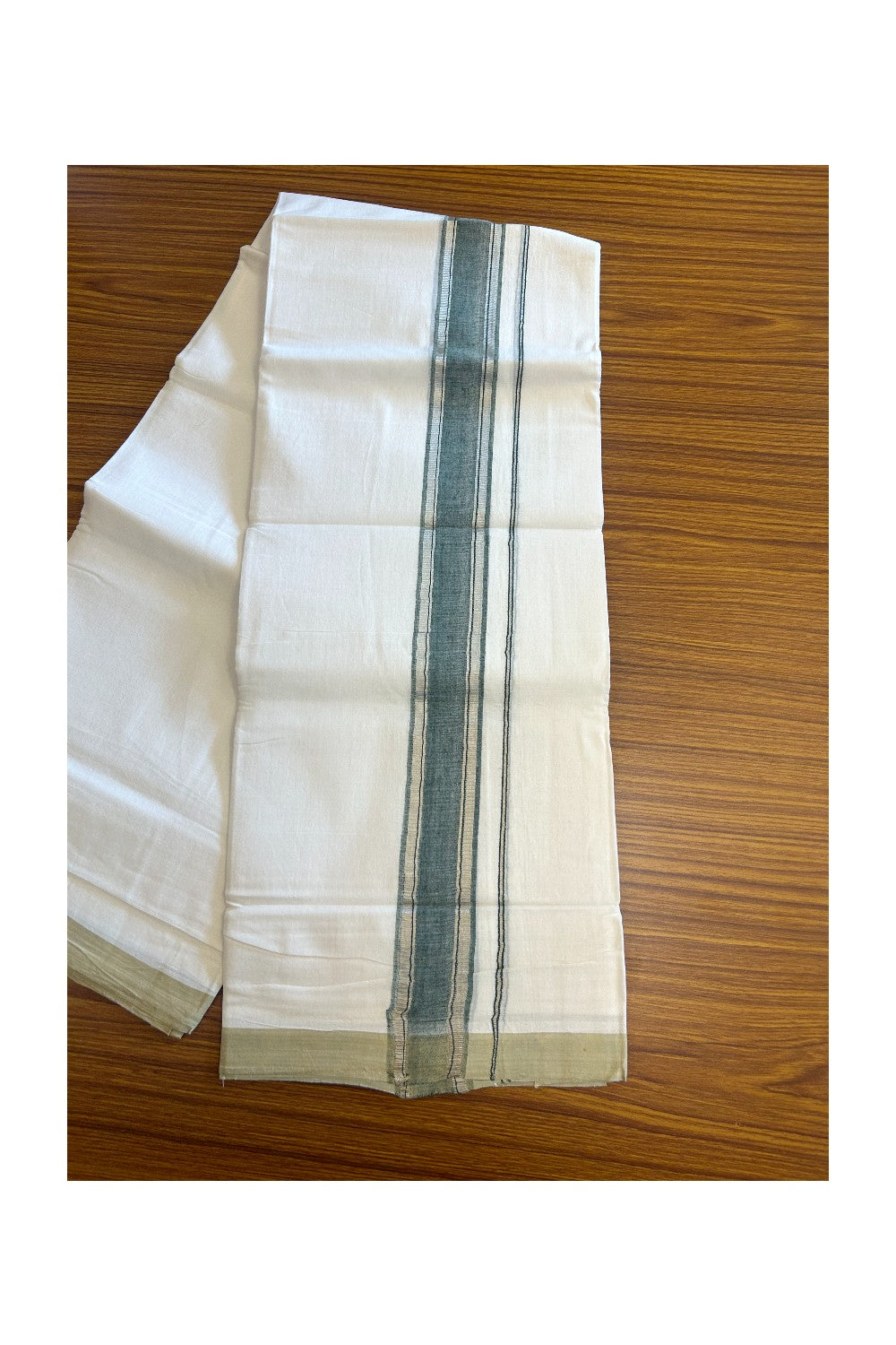 30% Discount KaithariKada HANDLOOM Unakkupaav Balaramapuram - 100% PURE Cotton PURE WHITE - 100x100 Double Mundu/Dhoti - 2 inch Dark Basil Green & Silver Kasavu Shaded Kara - 12KK5129YAR