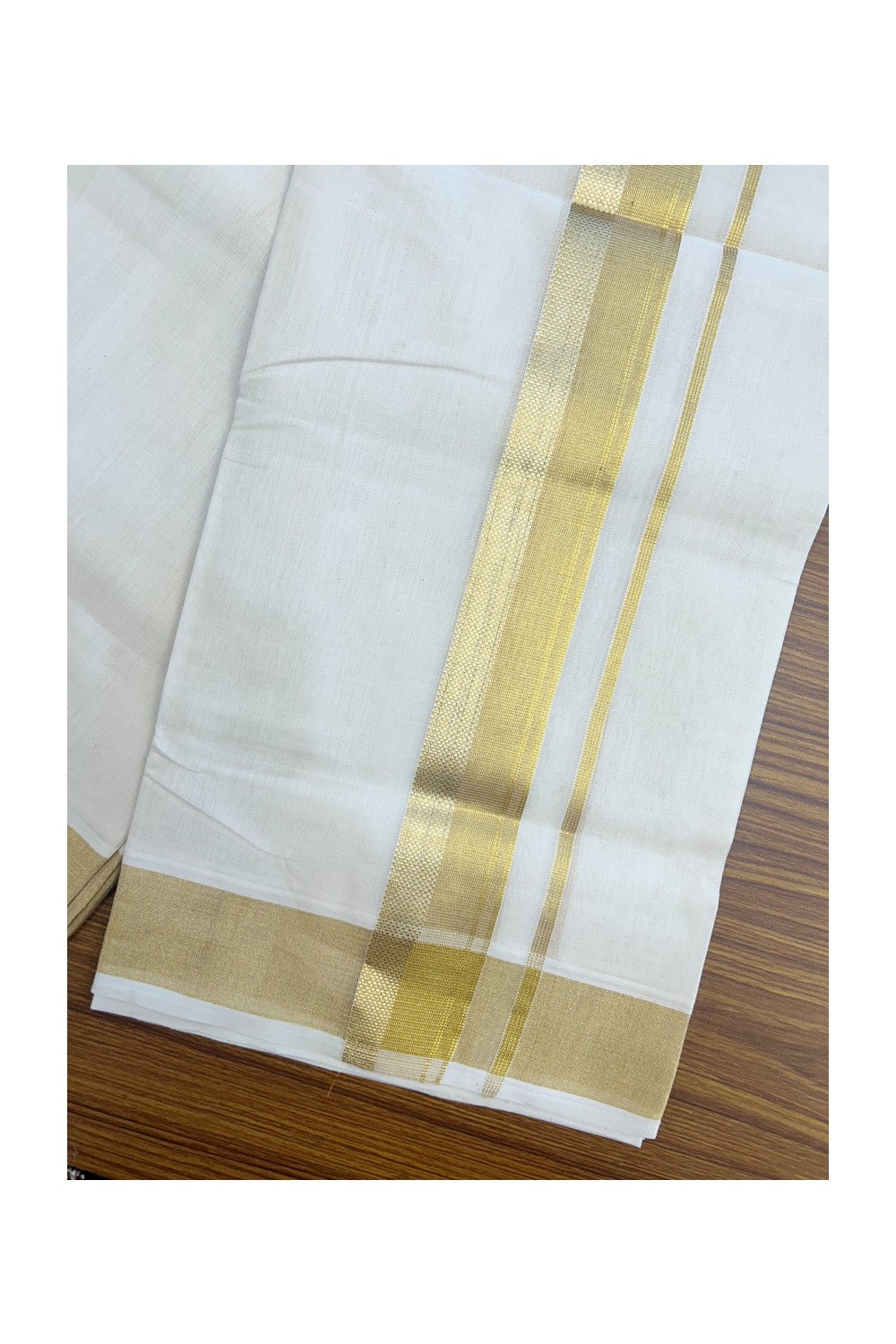 25% DISCOUNT!! KaithariKada HANDLOOM MILLPAAV Balaramapuram - 100% PURE Cotton OFF White - (Unbleached) Double Mundu/Dothi - 2 inch Gold Kasavu design side Striped kara - 7KK5170RAM