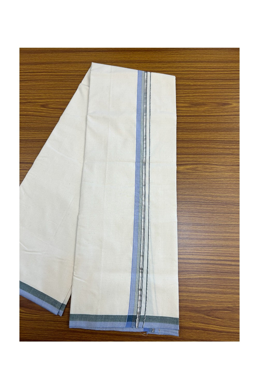 25%DISCOUNT!! SIGNATURE KAITHARIKADA EXCLUSIVE SINGLE DHOTI - 100% Cotton Balaramapuram HANDLOOM Single Mundu/Dhoti - Off White - (Unbleached) 1 inch Green Lavender & Silver Kasavu Striped Kara (2 meter / 4 muzham)- 12KK5173KAI