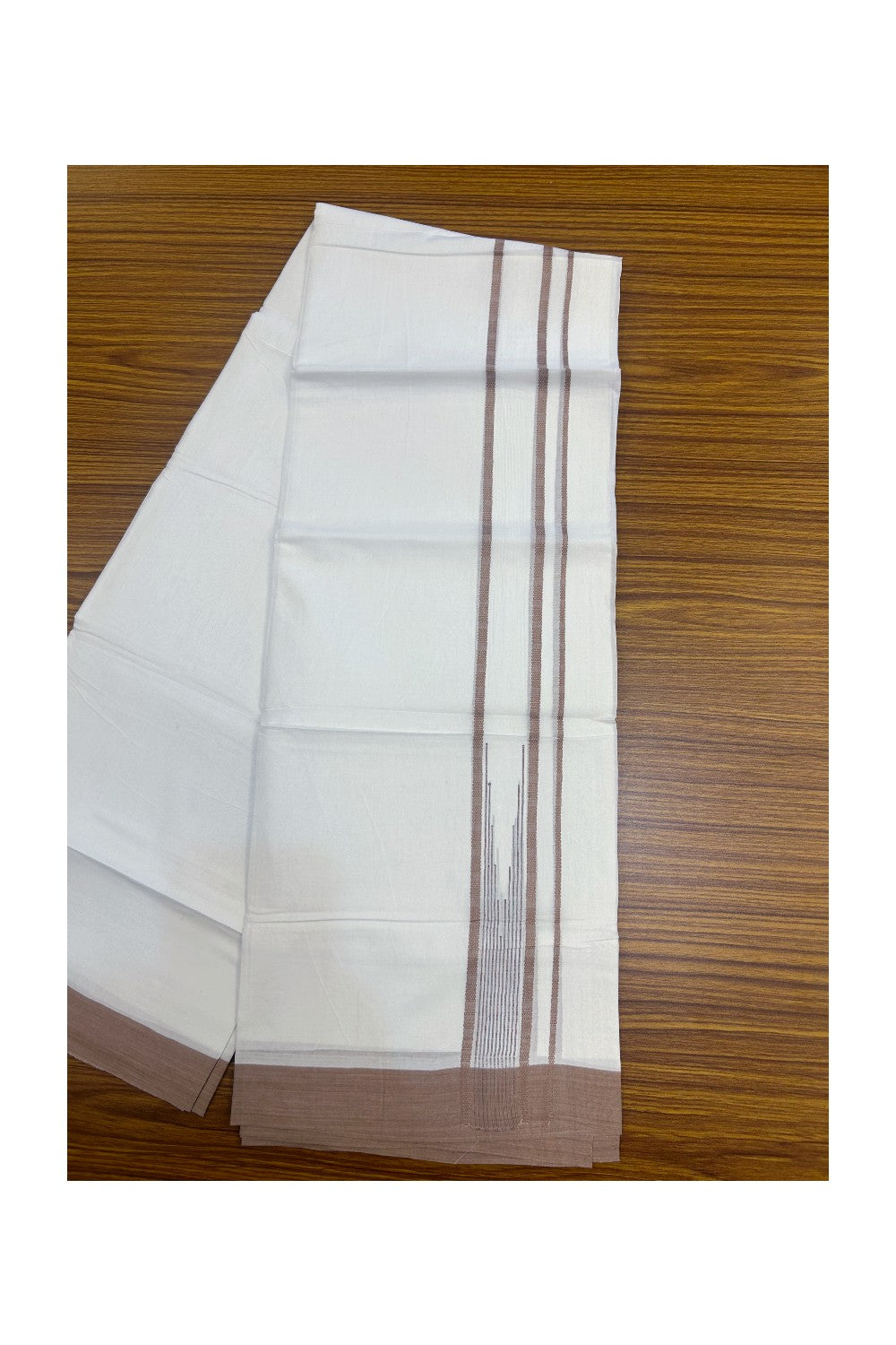 20% DISCOUNT! KaithariKada Balaramapuram DOUBLE PURE WHITE 100% Cotton Mundu/Dhoti - 100x80 - 1.5 inch Light Pastel Brown Putta Design Chutty Kara - 12KK5174THI