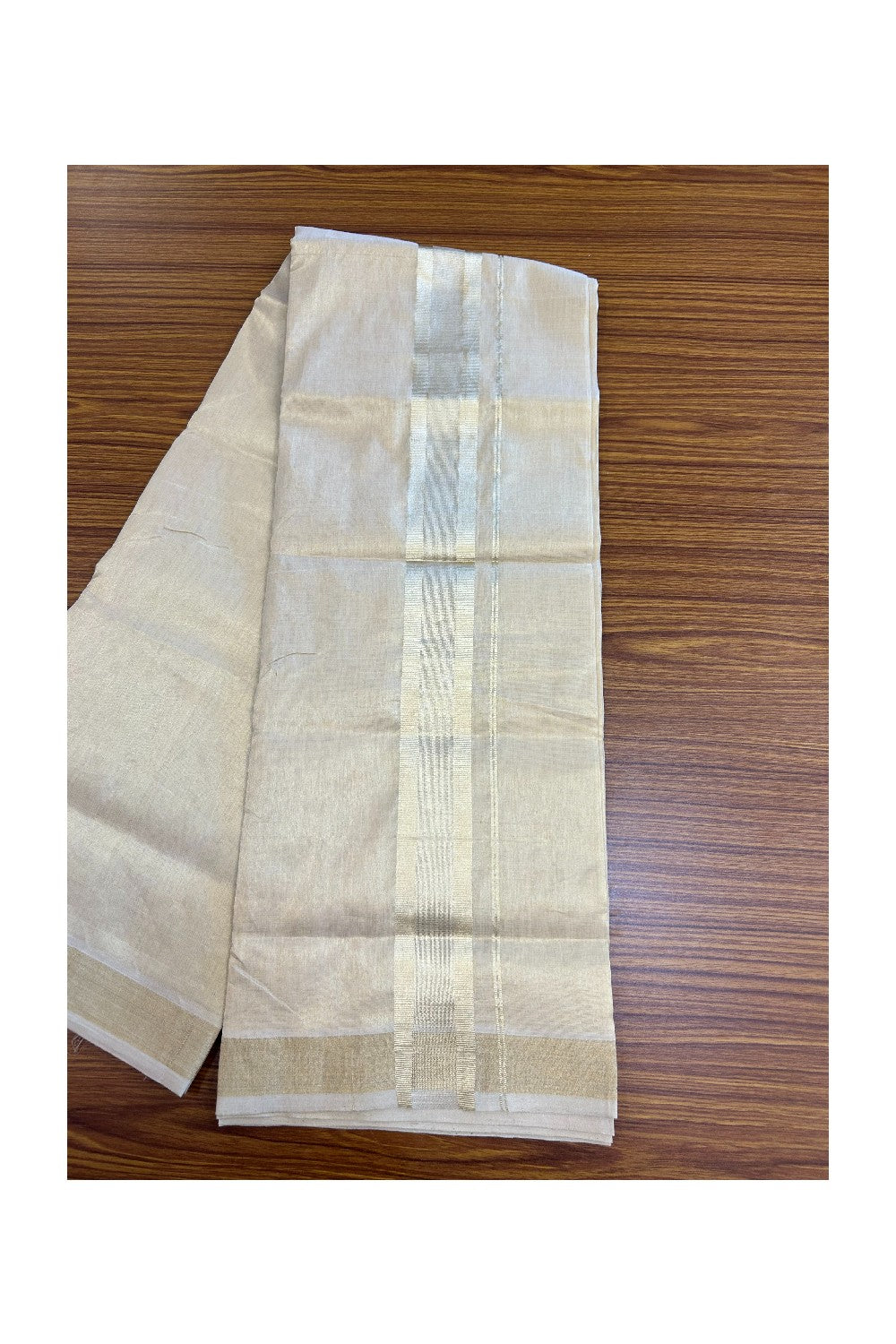 25% DISCOUNT! KaithariKada HANDLOOM UNAKKUPAAV Balaramapuram - 100% PURE Cotton Off White (Unbleached) - Double Mundu/Dhoti - 2 inch Light Gold Kasavu Tissue Body - 12KK5190ABH