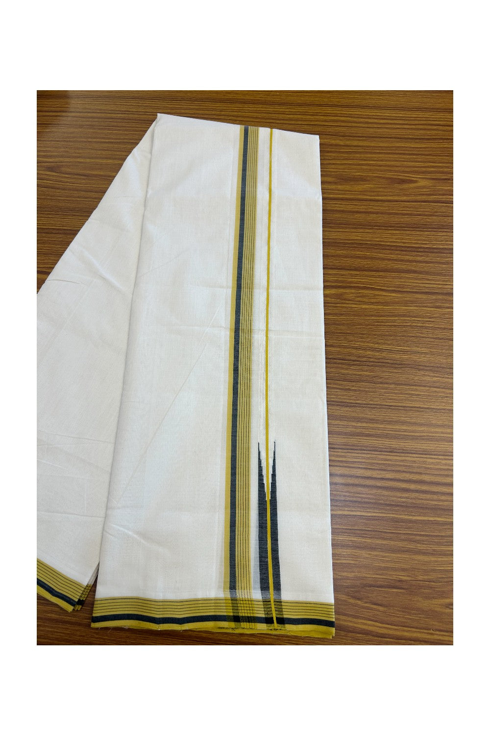 25% DISCOUNT!! KaithariKada HANDLOOM  UNAKKUPAAV Balaramapuram - 100% PURE Cotton OFF White - (Unbleached) Double Mundu/Dothi - 100 s warp x 80s weft - 1 inch Puliyilakkara Mustard Yellow & Black Striped Chutty Kara 3.80 meter (8.5 Muzham)- 12KK5200REA