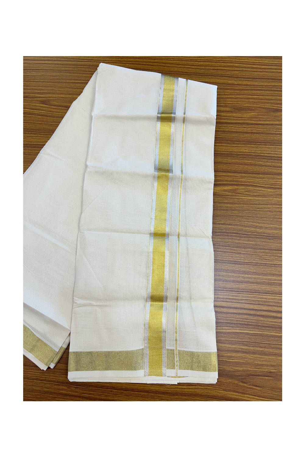 20% DISCOUNT ! KaithariKada  Balaramapuram - 100% PURE Cotton Off White - (Unbleached) Double Mundu/Dhoti - 100X80 - 1.5 inch Gold Kasavu & Silver Kasavu Striped Kara - 12KK5212 VIN