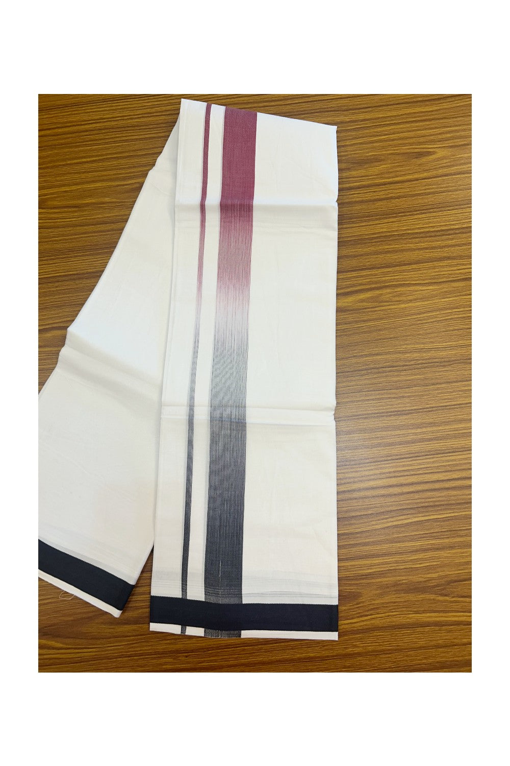 20% Discount!!! KaithariKada Balaramapuram  Double PURE WHITE  RAINBOW  Mundu/Dhoti - 100X80 - 1.75 inch Navy Blue & Berry Striped Designer Kara - 12KK5220 THI
