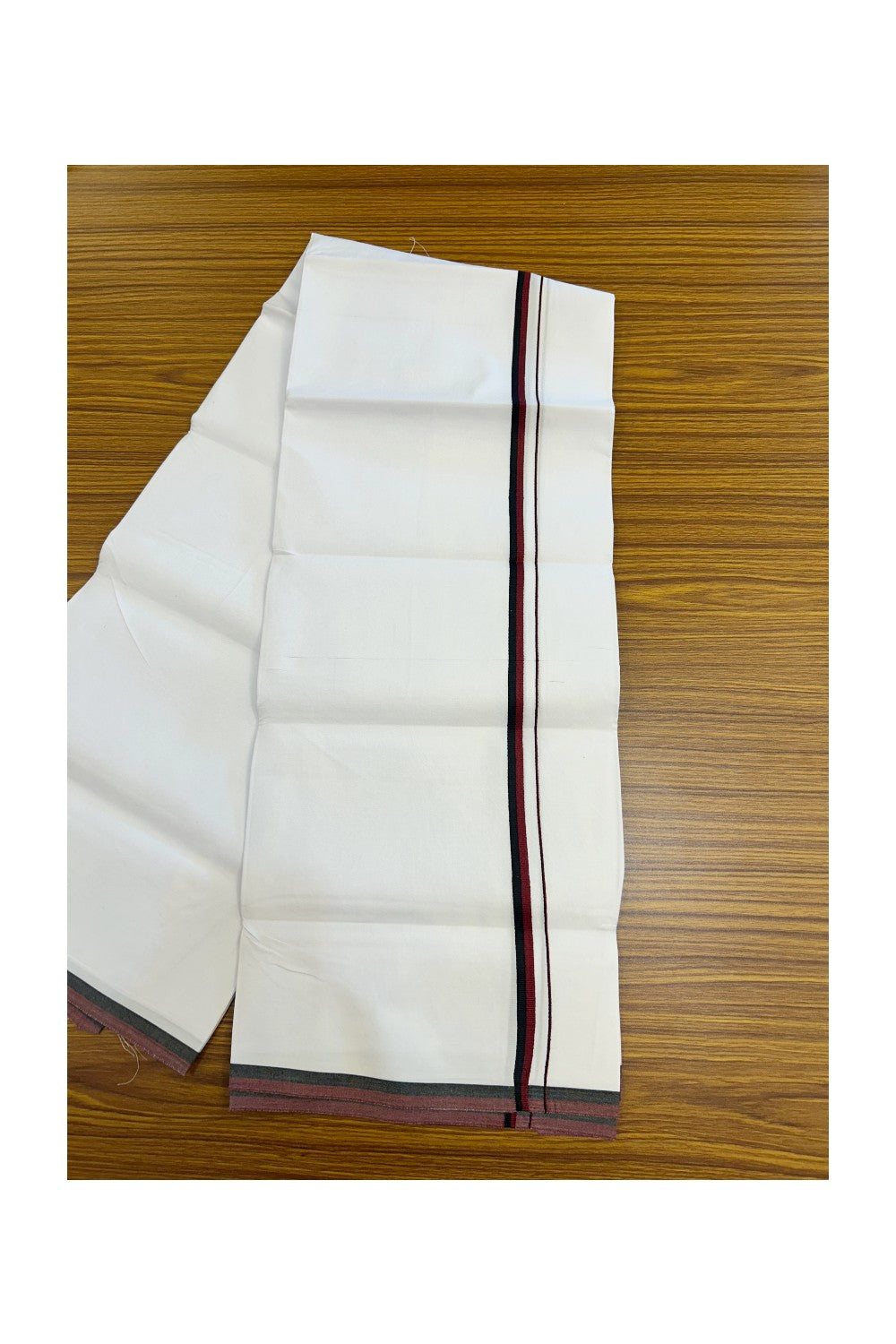 DMK Veshti - 20% Discount !! KaithariKada Balaramapuram PURE WHITE SINGLE Mundu/Dhoti - 100X100 - 0.5 inch Maroon & Black Kara (2 meter / 4 muzham) - 11KK5224 ASH