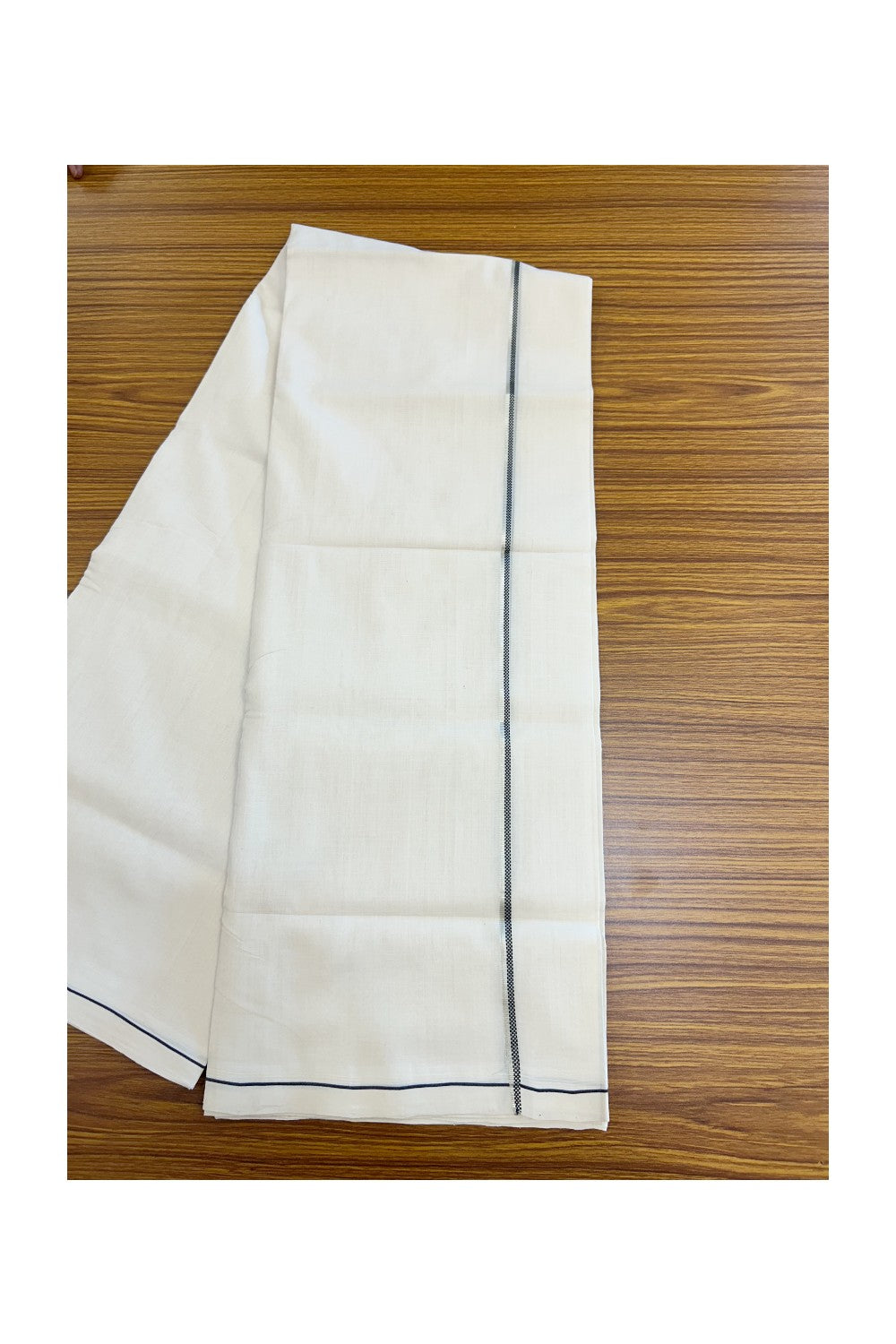 25% Discount!!! KaithariKada HANDLOOM UNAKKUPAAV Balaramapuram - 100% PURE Cotton OFF WHITE (Unbleached) Double Mundu/Dhoti - 80x90 - 0.6 cm Silver kasavu Black Muthukkuri kara  4 Mtr (8.5 Muzham) - 12KK5235 YAR
