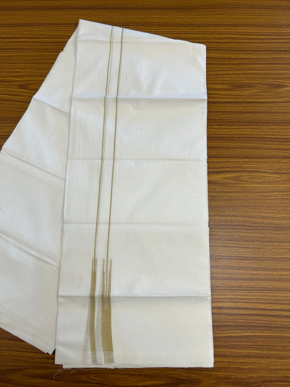 20% DISCOUNT!! NEW!! KaithariKada Balaramapuram 100% Cotton PURE WHITE Double Mundu/Dhoti - (100x80)s - 0.75 inch Mustard Yellow Line chutty - 12 KK5249 VIN