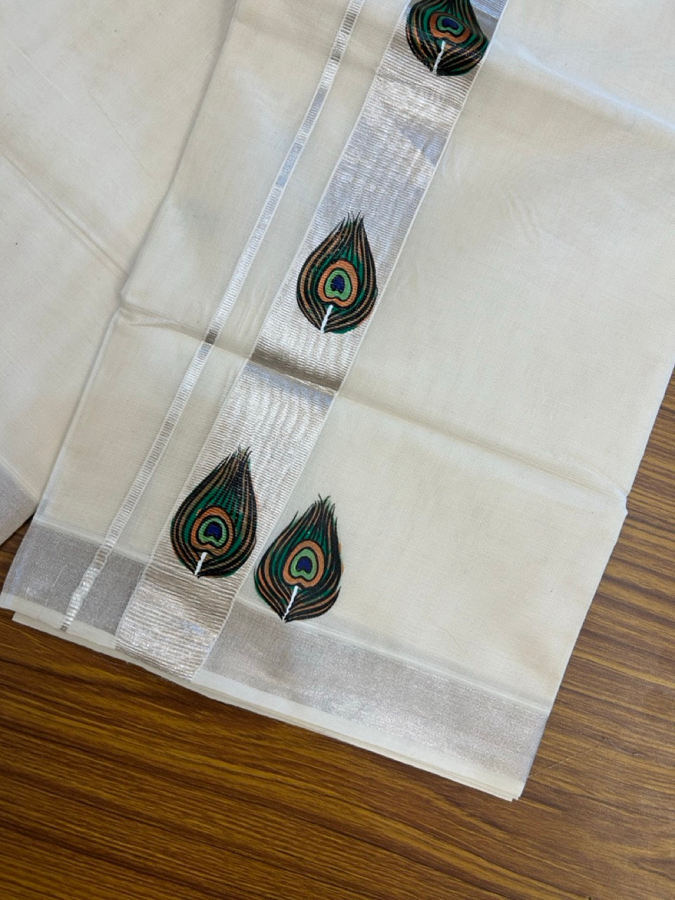 24% Discount! KaithariKada 100% Cotton Double Off white - (Ubleached) Mundu / Dhoti - 100x80 1.5 inch Silver Kasavu & Hand Painted Peacock - 12 KK5259 CKS