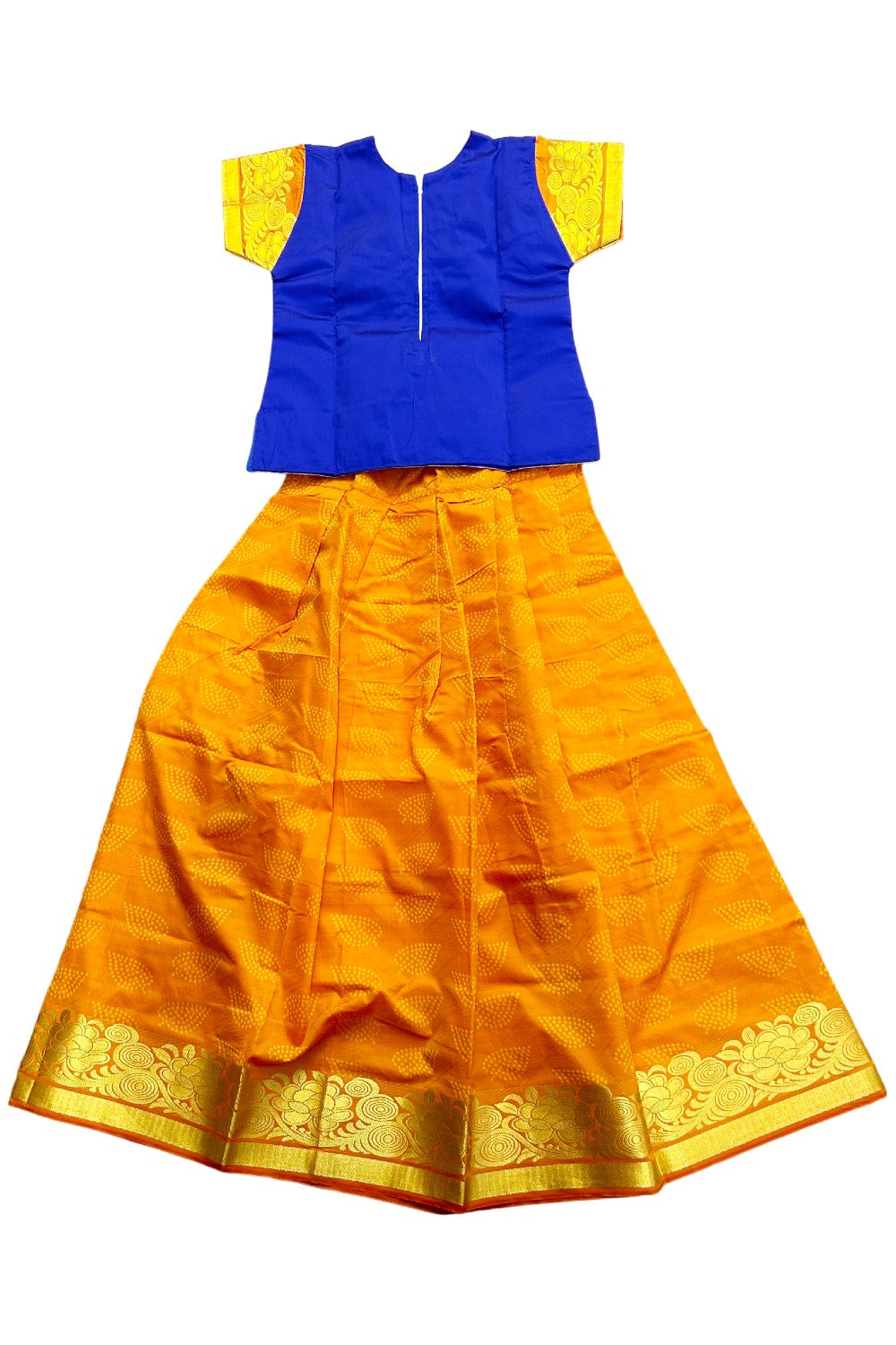 Midukki-Traditional South Indian Kids Pattu Pavada- Blue top orange skirt with emboss work- Age 11 - KK11MID0012