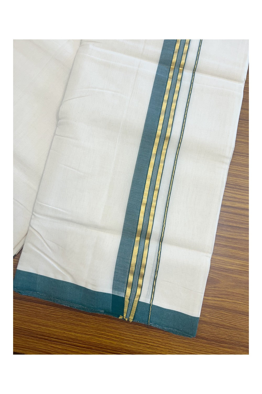 31% DISCOUNT!! KaithariKada HANDLOOM Millpaav Balaramapuram - 100% PURE Cotton OFF White Double - (Unbleached) Mundu/Dothi - 1.75 Inch Gold Kasav Green kara - 12kk5153RAM