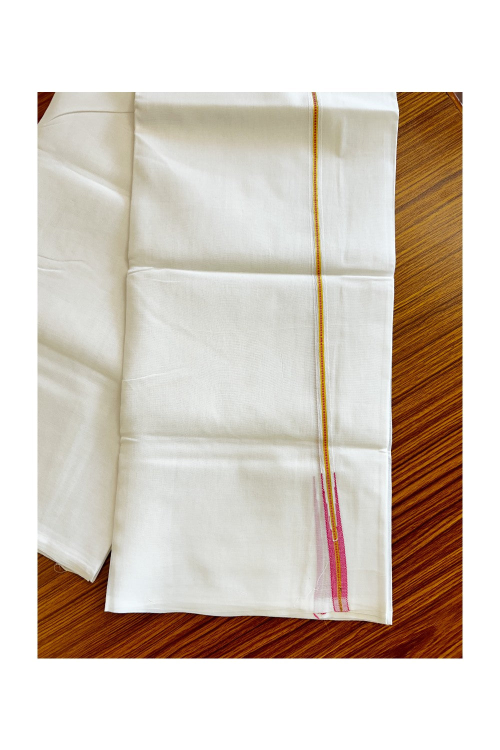 23% DISCOUNT!! KaithariKada Balaramapuram 100% Cotton PURE WHITE Double Mundu/Dhoti-100x100  1.cm Puliyilakkara  MUTHUKKURI  PINK  AND KASAVU Chutty Pattern KARA.