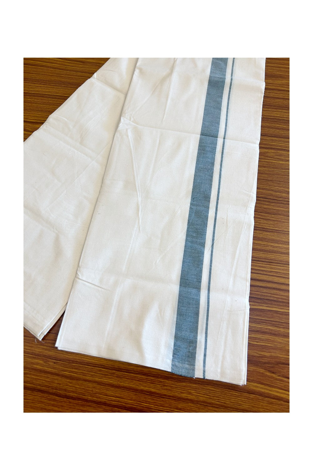 6% DISCOUNT ! KaithariKada Balaramapuram 100% COTTON SINGLE OFF WHITE - (Unbleached) Mundu/Dhoti-Twisted 100s Thread- 1.5 inch Green Kara (2 meter / 4 muzham) - 12KK497ASH