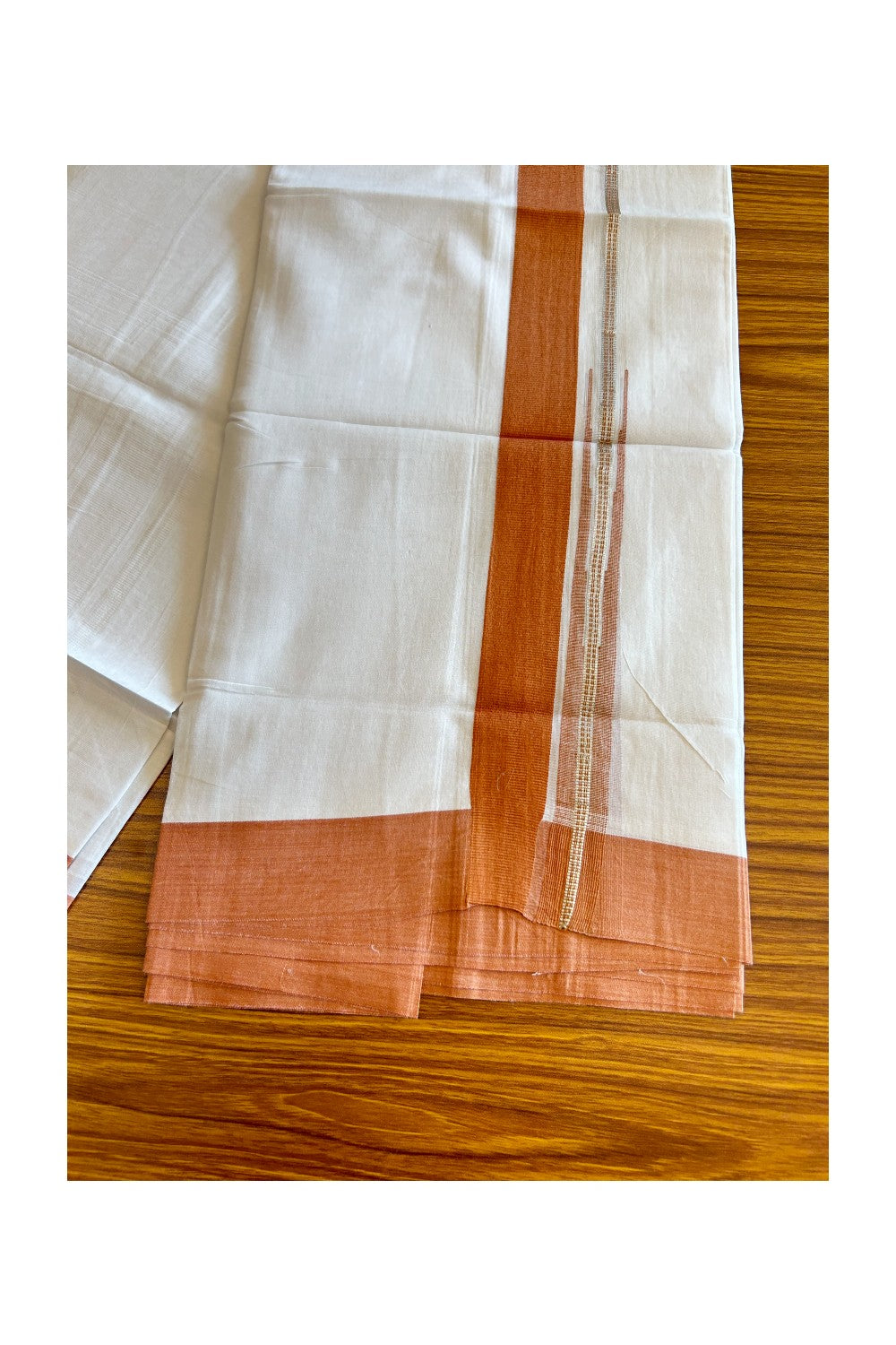 Kaitharikada  Balaramapuram 100% Pure Cotton PURE WHITE Double Mundu/Dothi - 80x92 - 1.5 Inch Orange & Silver Chutty kara - 12KK5022VAN