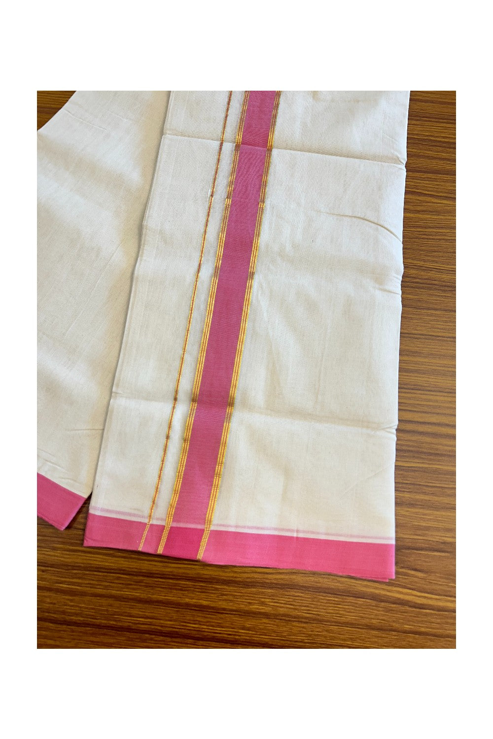 30% Discount KaithariKada HANDLOOM Unakkupaav Balaramapuram - 100% PURE Cotton Off White (Unbleached) Double Mundu/Dhoti -  2 inch Kasavu & Rose Pink-208