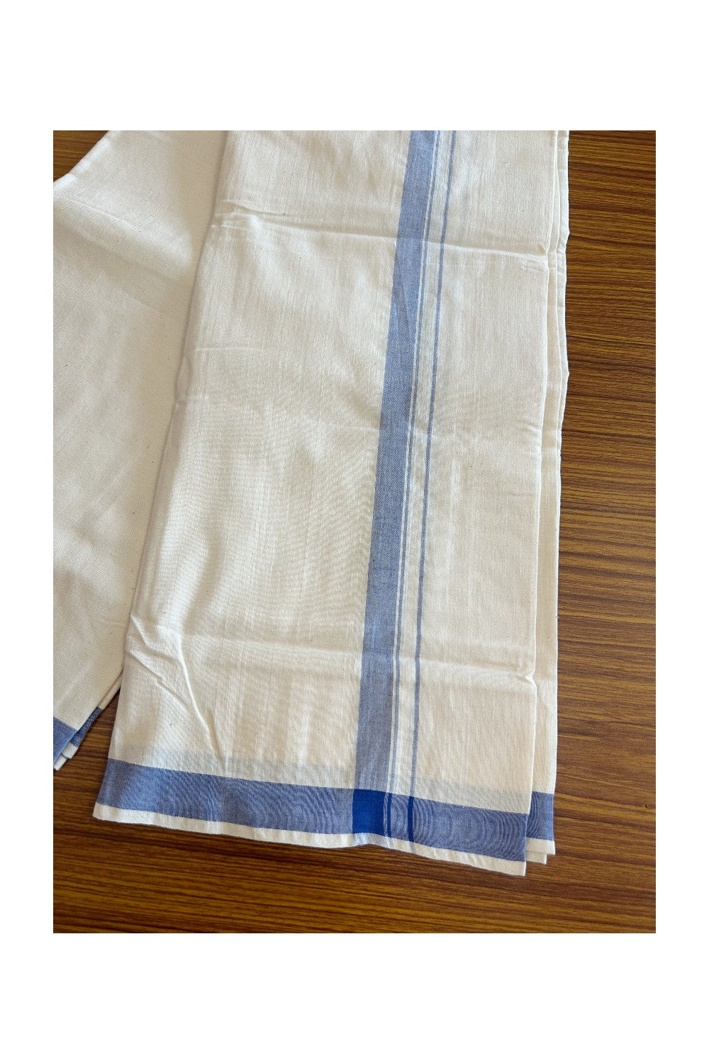 25% Discount ! KaithariKada 100% Cotton Balaramapuram HANDLOOM Single Mundu/Dhoti - Off White - (Unbleached) 1.25 inch Blue Kara (2 meter / 4 muzham)- 12KK5065KK