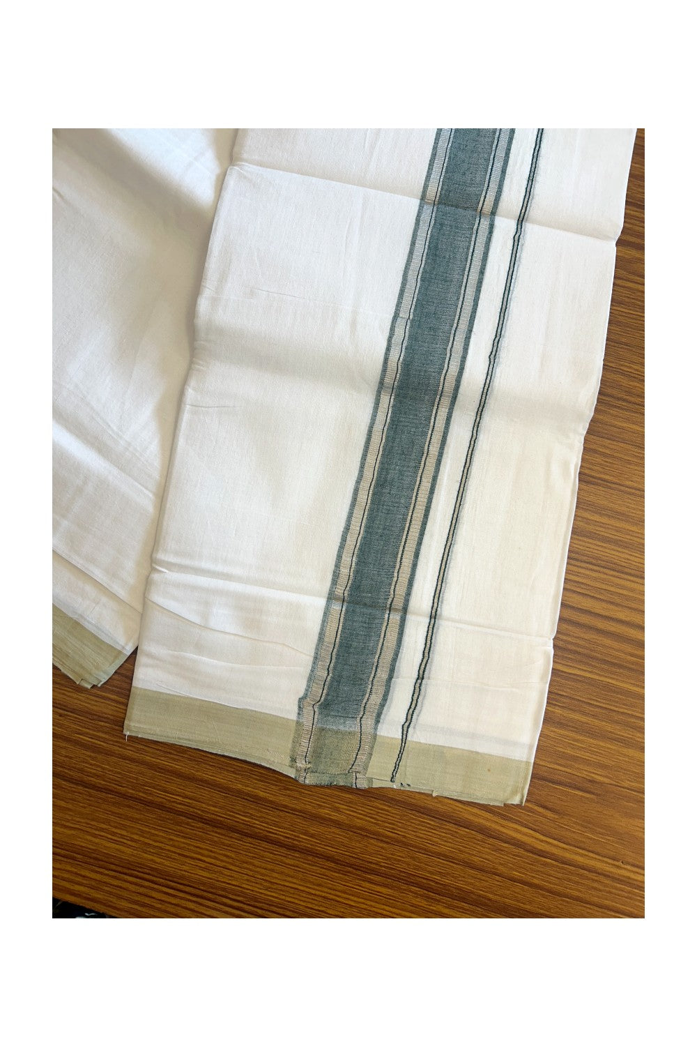 30% Discount KaithariKada HANDLOOM Unakkupaav Balaramapuram - 100% PURE Cotton PURE WHITE - 100x100 Double Mundu/Dhoti - 2 inch Dark Basil Green & Silver Kasavu Shaded Kara - 12KK5129YAR