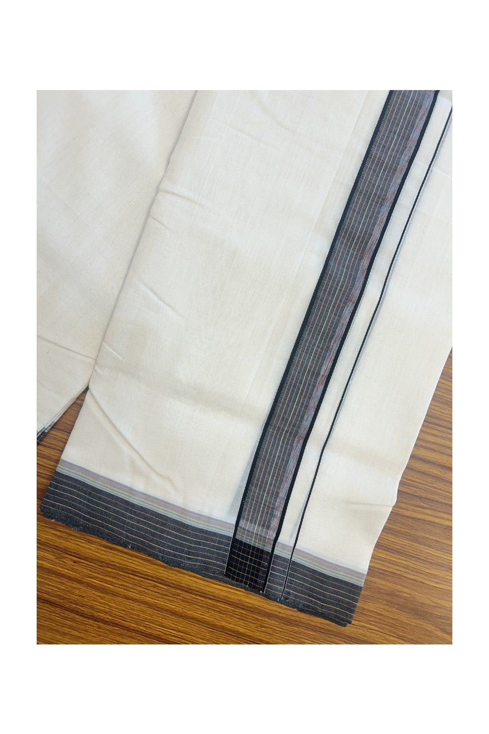 25% DISCOUNT!! KaithariKada HANDLOOM  UNAKKUPAAV Balaramapuram - 100% PURE Cotton OFF White - (Unbleached) Double Mundu/Dothi - 100x100 - 1.25 inch Black shaded & Multi colour stripes kara 3.80 meter (8.5 Muzham) - 18KK5167REA