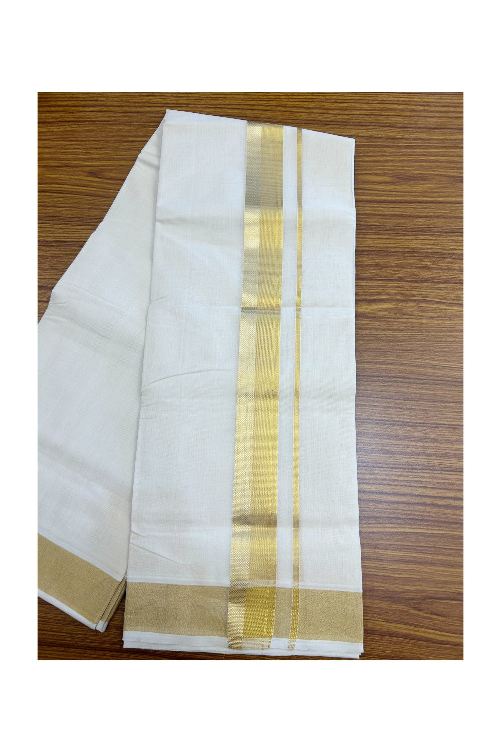 25% DISCOUNT!! KaithariKada HANDLOOM MILLPAAV Balaramapuram - 100% PURE Cotton OFF White - (Unbleached) Double Mundu/Dothi - 2 inch Gold Kasavu design side Striped kara - 7KK5170RAM