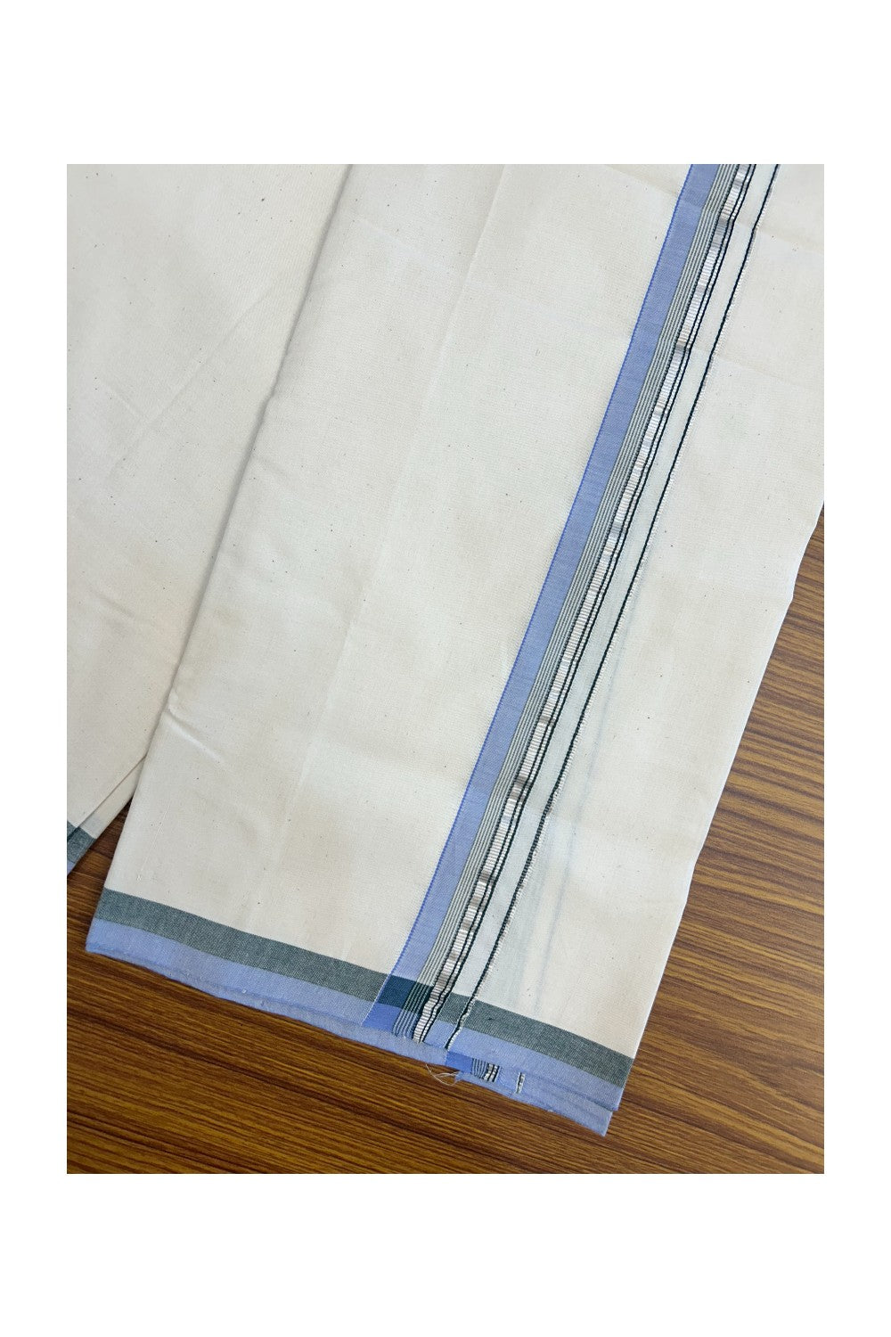 25%DISCOUNT!! SIGNATURE KAITHARIKADA EXCLUSIVE SINGLE DHOTI - 100% Cotton Balaramapuram HANDLOOM Single Mundu/Dhoti - Off White - (Unbleached) 1 inch Green Lavender & Silver Kasavu Striped Kara (2 meter / 4 muzham)- 12KK5173KAI