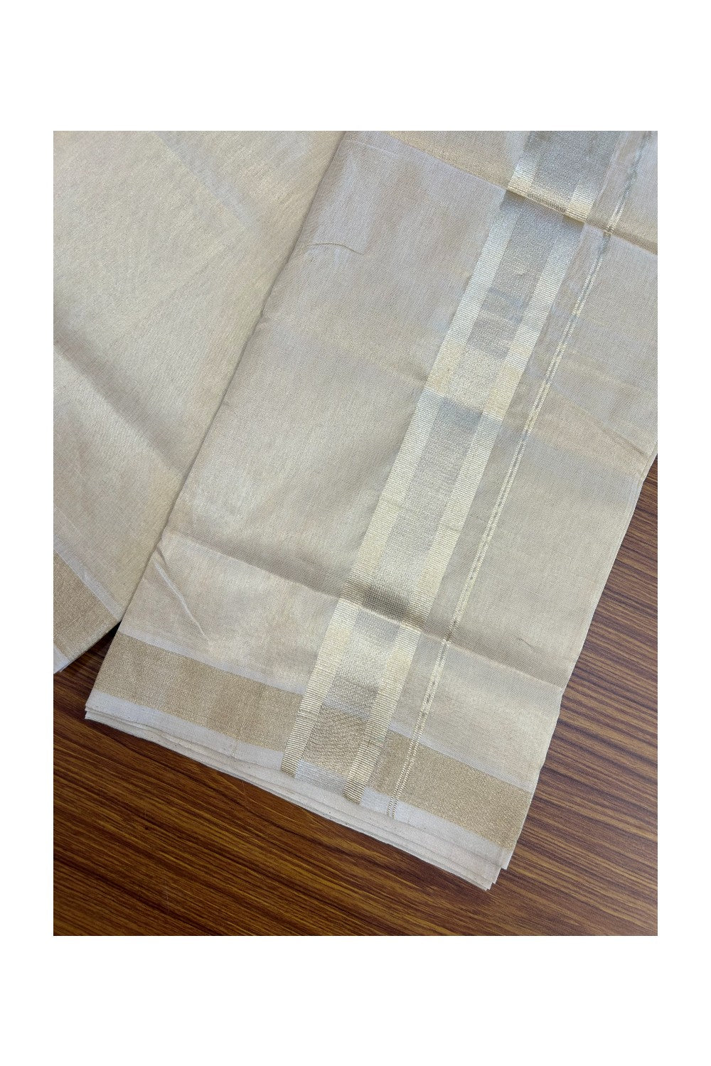 25% DISCOUNT! KaithariKada HANDLOOM UNAKKUPAAV Balaramapuram - 100% PURE Cotton Off White (Unbleached) - Double Mundu/Dhoti - 2 inch Light Gold Kasavu Tissue Body - 12KK5190ABH