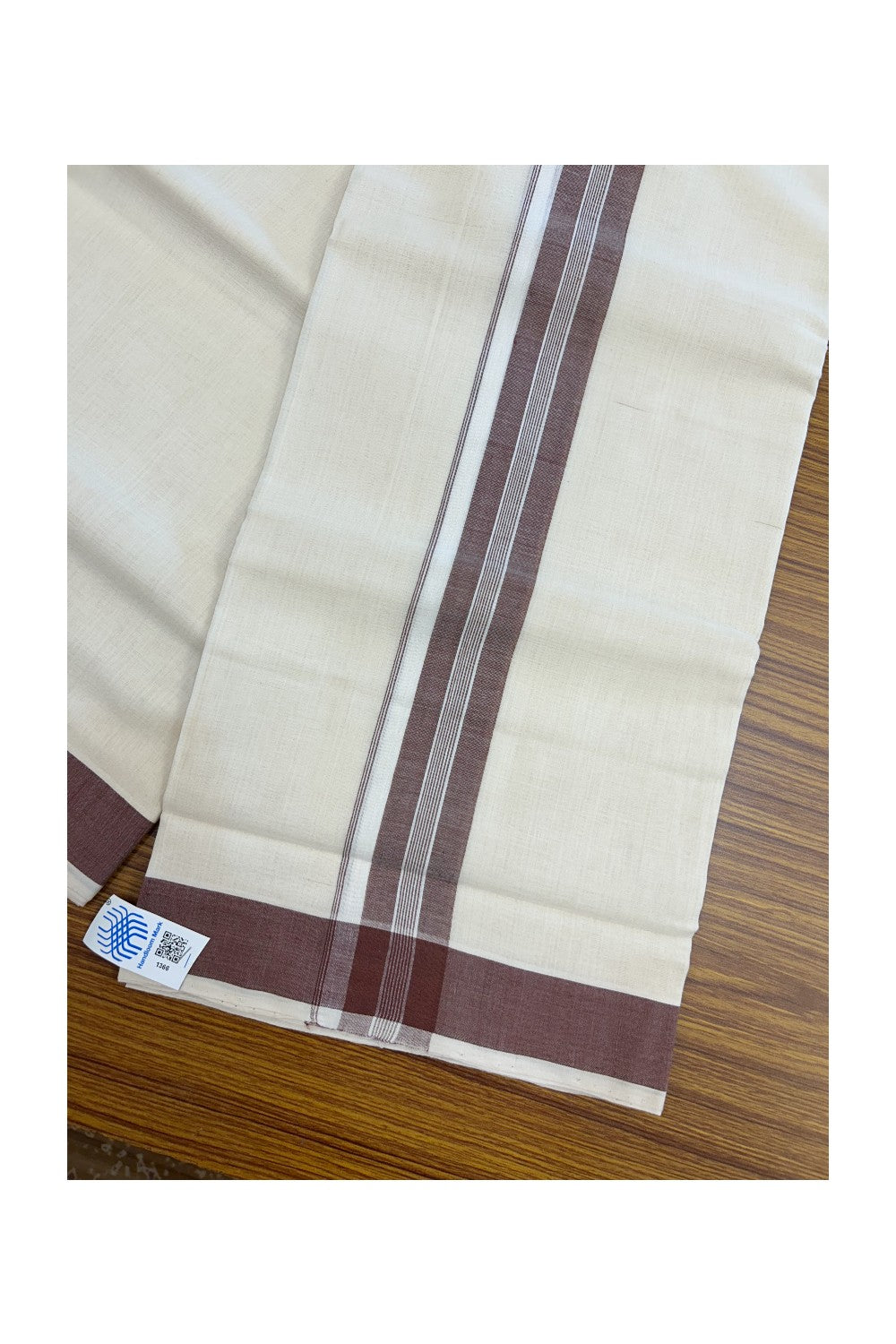 25% Discount KaithariKada HANDLOOM Unakkupaav Balaramapuram - 100% PURE Cotton off white (Unbleached) Double Mundu/Dhoti - 80X90 - 1.5 inch Light Brown Center Stripes Kara 3.80 mtr - 12KK5192ELA