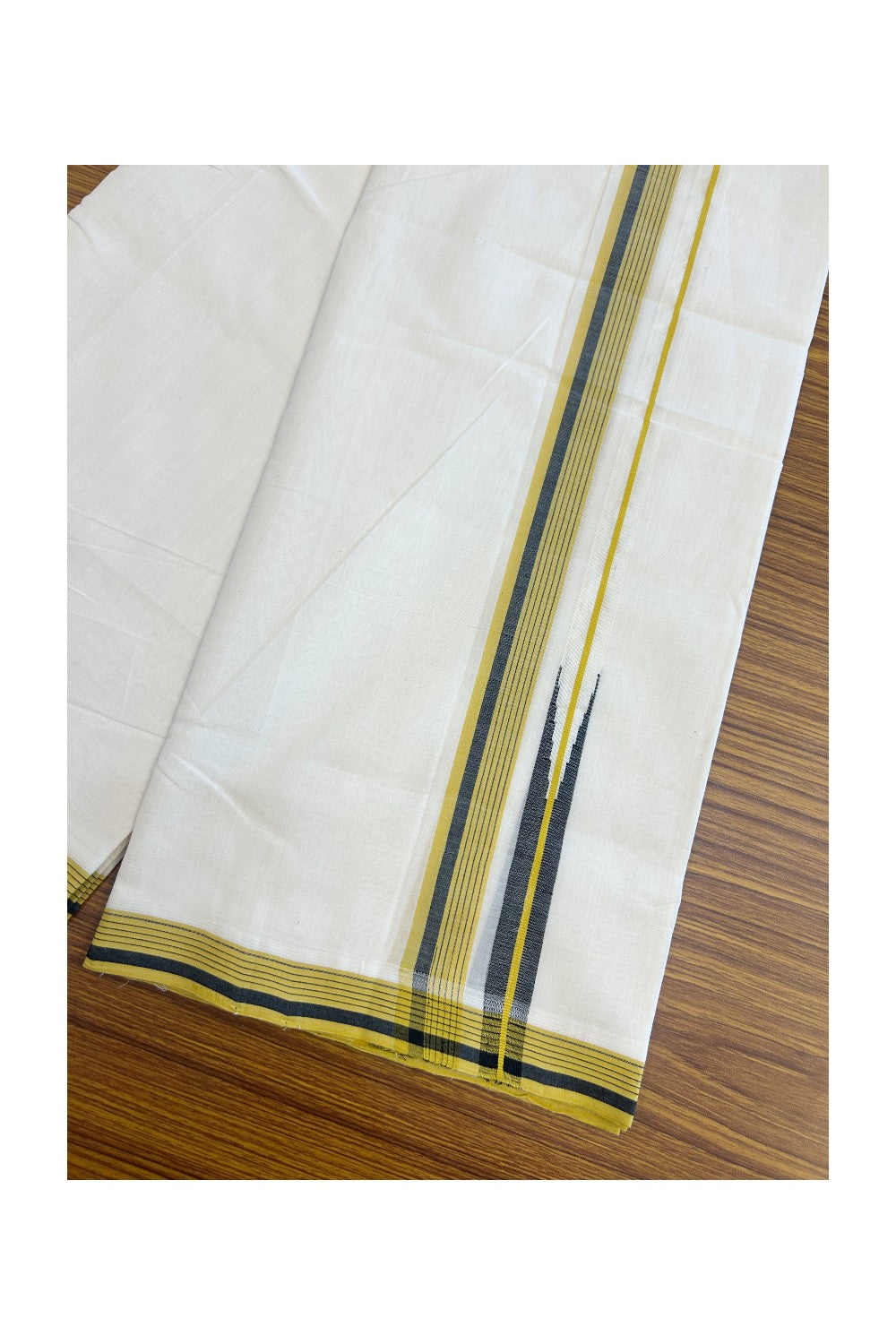 25% DISCOUNT!! KaithariKada HANDLOOM  UNAKKUPAAV Balaramapuram - 100% PURE Cotton OFF White - (Unbleached) Double Mundu/Dothi - 100 s warp x 80s weft - 1 inch Puliyilakkara Mustard Yellow & Black Striped Chutty Kara 3.80 meter (8.5 Muzham)- 12KK5200REA