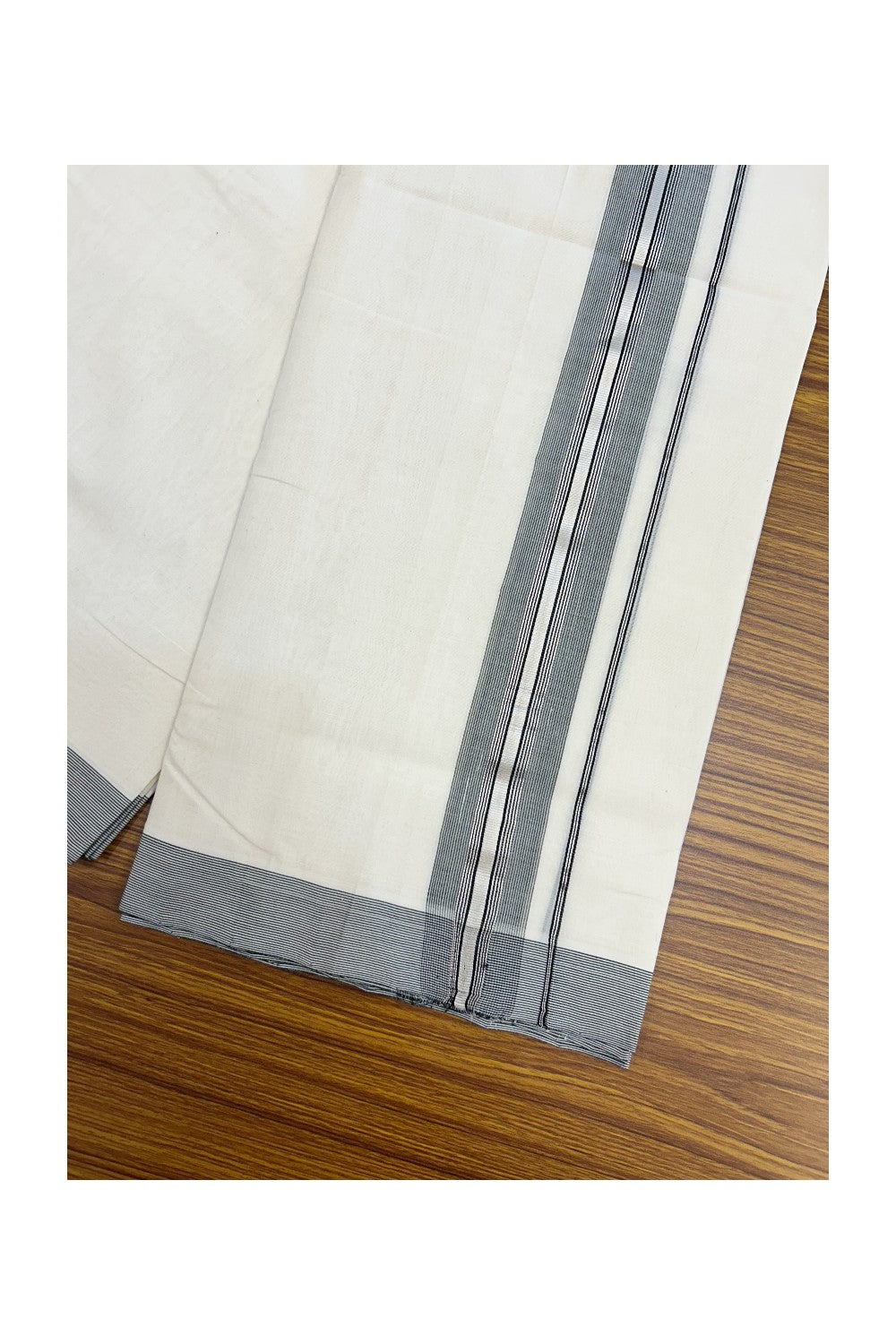 25% DISCOUNT!! KaithariKada HANDLOOM UNAKKUPAAV Balaramapuram - 100% PURE Cotton OFF White Double - (Unbleached)- Mundu/Dothi - 80X100 - 1.75 inch Black & Silver Kasavu Striped Kara - 12KK5209 REA