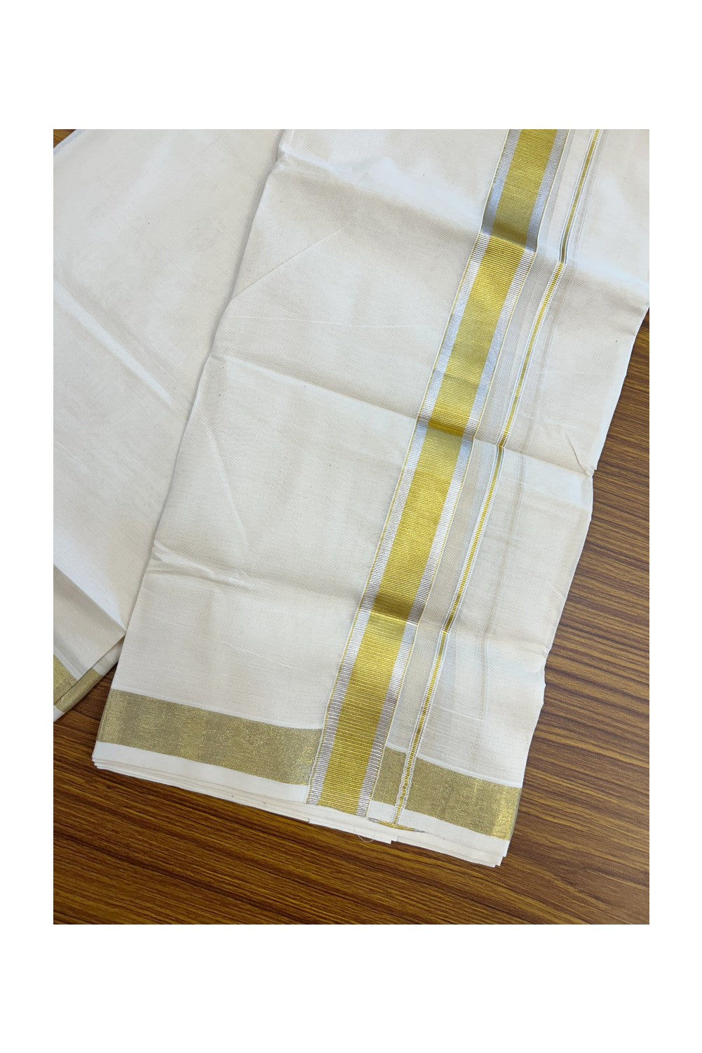 20% DISCOUNT ! KaithariKada  Balaramapuram - 100% PURE Cotton Off White - (Unbleached) Double Mundu/Dhoti - 100X80 - 1.5 inch Gold Kasavu & Silver Kasavu Striped Kara - 12KK5212 VIN