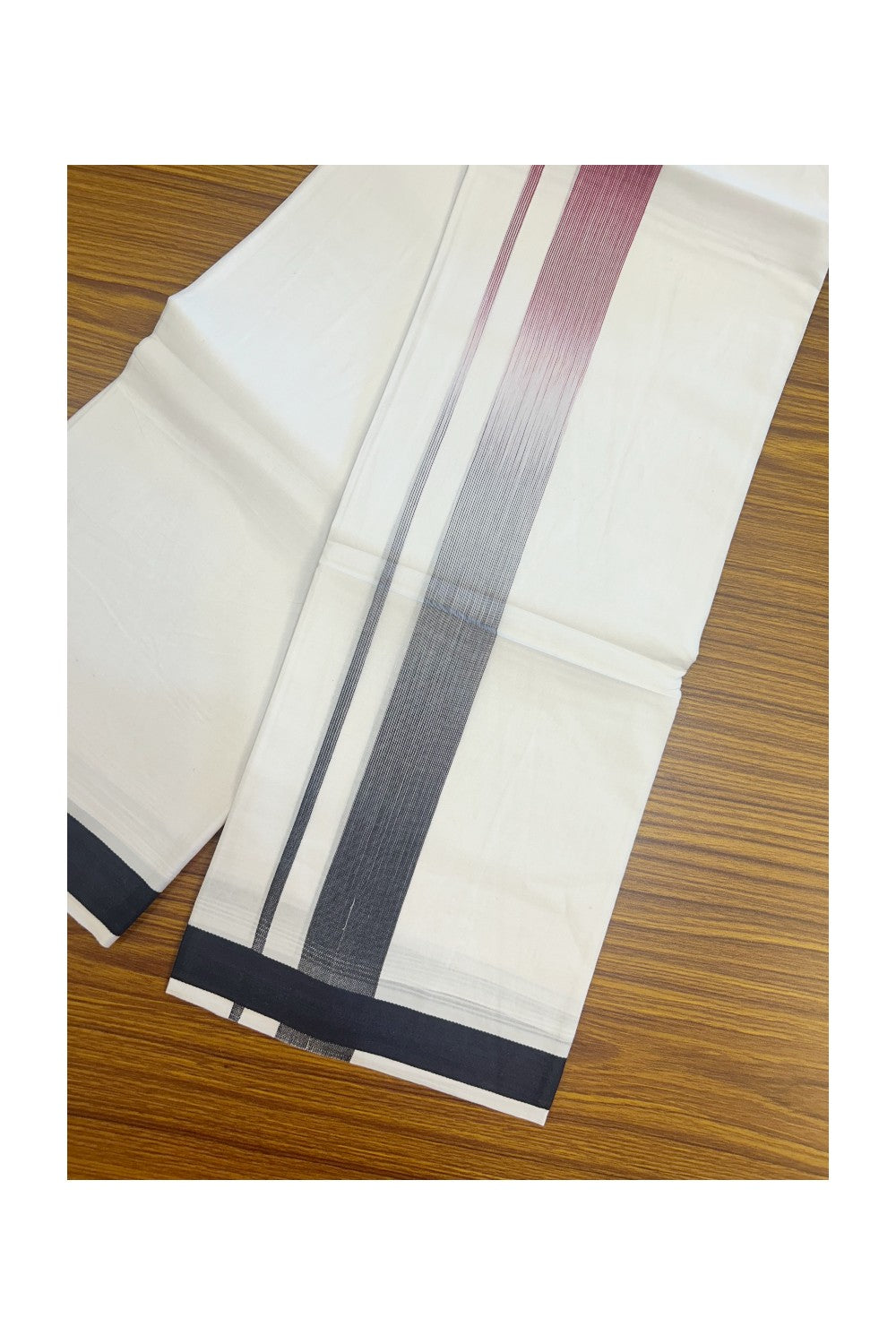 20% Discount!!! KaithariKada Balaramapuram  Double PURE WHITE  RAINBOW  Mundu/Dhoti - 100X80 - 1.75 inch Navy Blue & Berry Striped Designer Kara - 12KK5220 THI