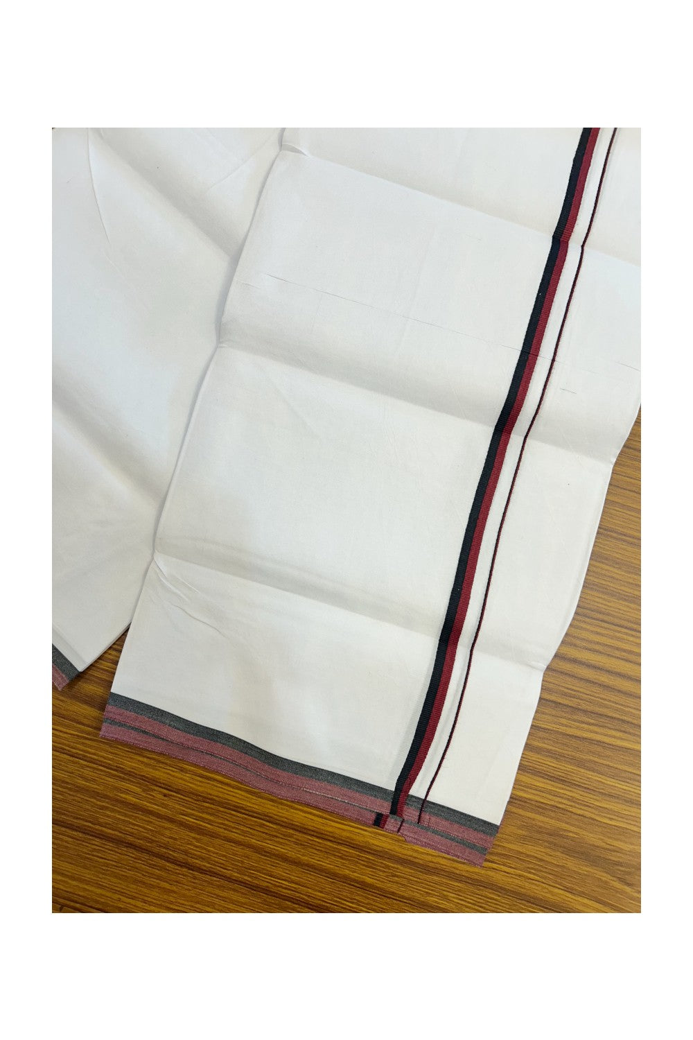 DMK Veshti - 20% Discount !! KaithariKada Balaramapuram PURE WHITE SINGLE Mundu/Dhoti - 100X100 - 0.5 inch Maroon & Black Kara (2 meter / 4 muzham) - 11KK5224 ASH