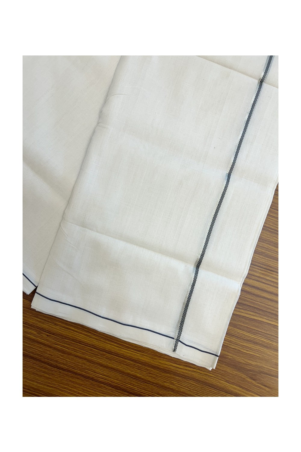 25% Discount!!! KaithariKada HANDLOOM UNAKKUPAAV Balaramapuram - 100% PURE Cotton OFF WHITE (Unbleached) Double Mundu/Dhoti - 80x90 - 0.6 cm Silver kasavu Black Muthukkuri kara  4 Mtr (8.5 Muzham) - 12KK5235 YAR